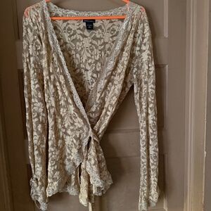 Pretty boho beige lacy stretch wrap tie sheer blouse Moda International M or L